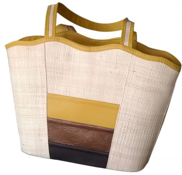 Bolsa Grande Crua com mostarda com tiras coloridas