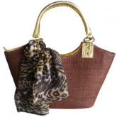 Bolsa em Palha de Buriti c/ alça ouro e Lenço Animal Print