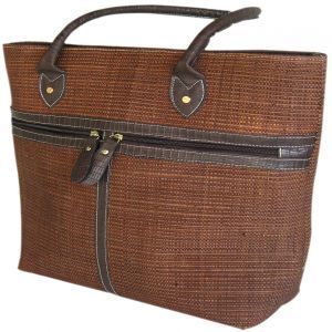 Bolsa Grande de Palha Marrom com Bolsos Frontais