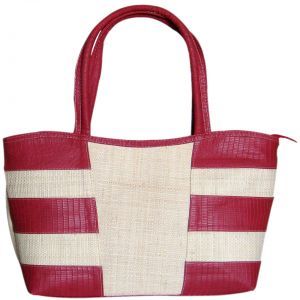 Bolsa Grande com Couro Ecológico Vermelho e Palha de Buriti