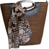 Bolsa em Palha Marrom com Aro Metal e Lenço Animal Print